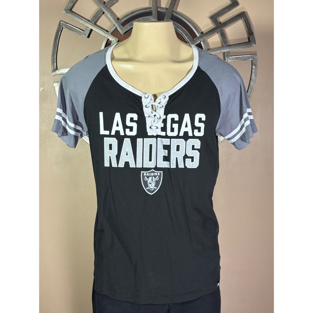 NFL Team Apparel Las Vegas Raiders Lace Up Raglan T-Shirt Black Grey XL